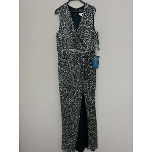 New Mac Duggal Green Silver Sequined V-Neck Sleeveless Dress 5489 Size 16